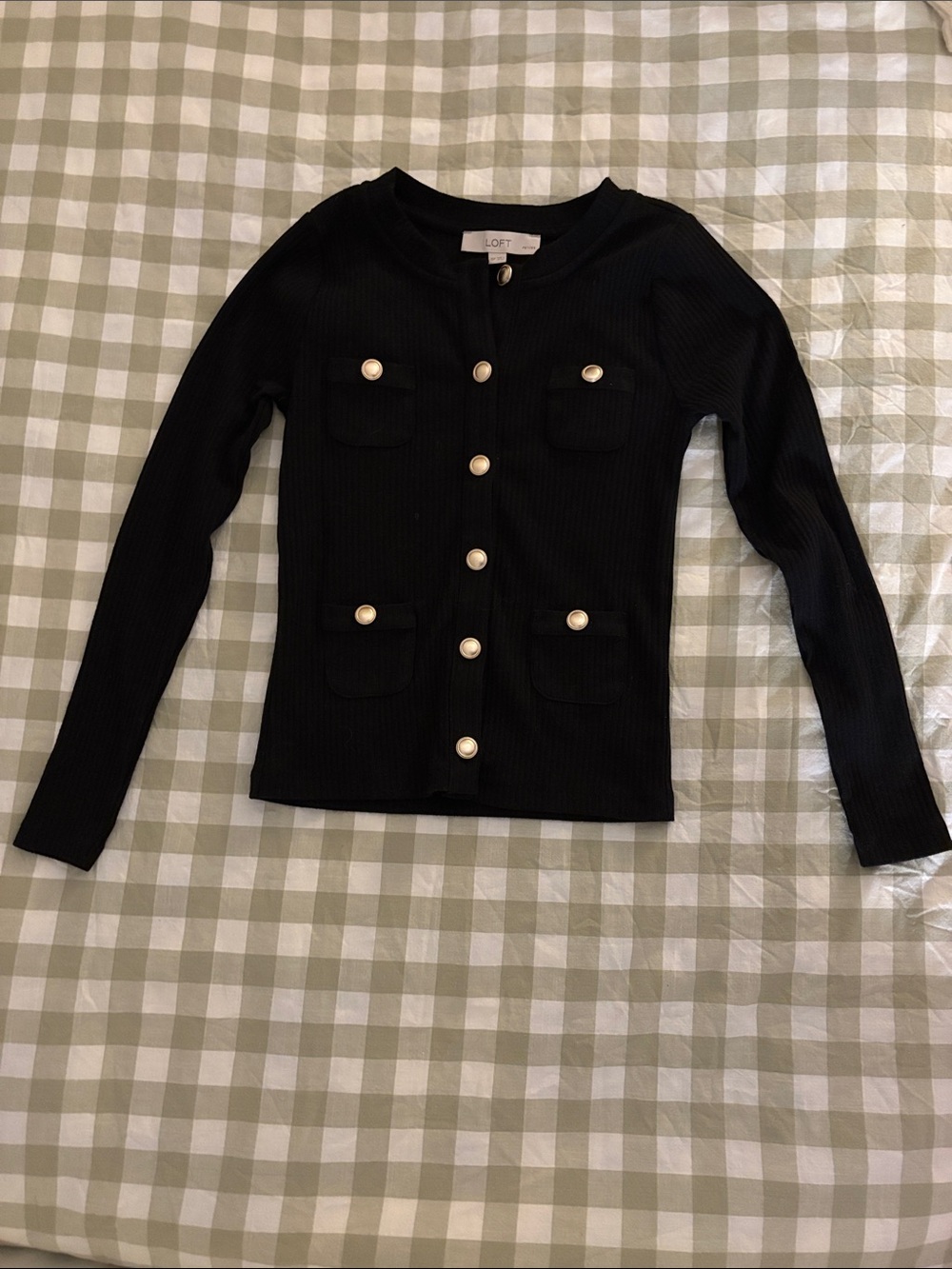 LOFT Black Ribbed Cardigan with Pearl Buttons